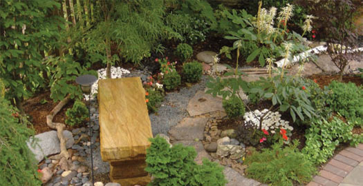 Garden with path and stone bench